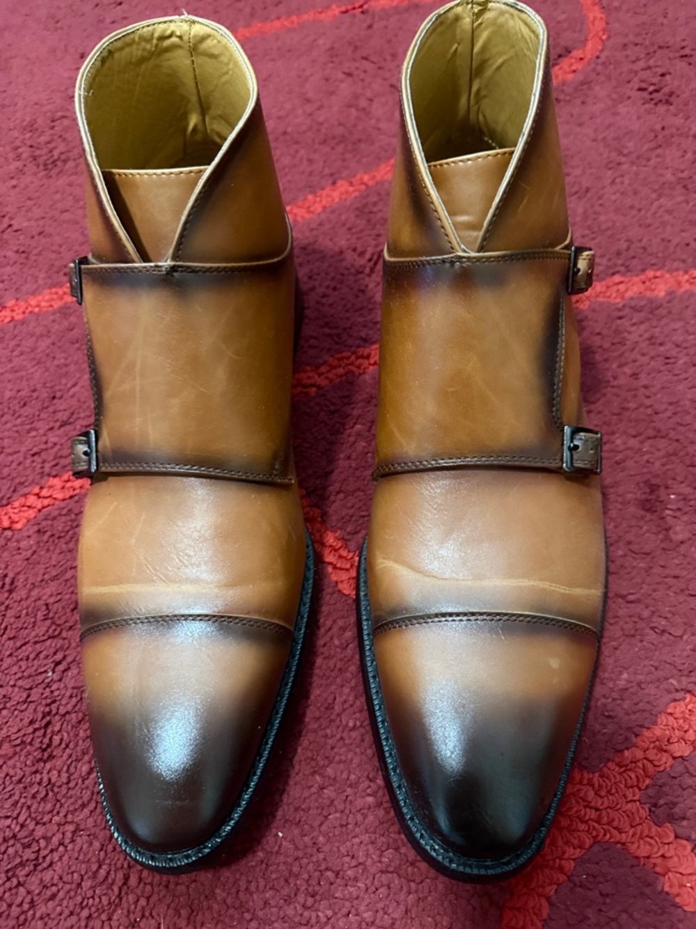 Men's Double Monk Strap Leather Boots in Tan Brown